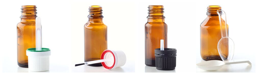 Dropper, brush, drip dispenser and measuring spoon complete the glass bottle for essential oils